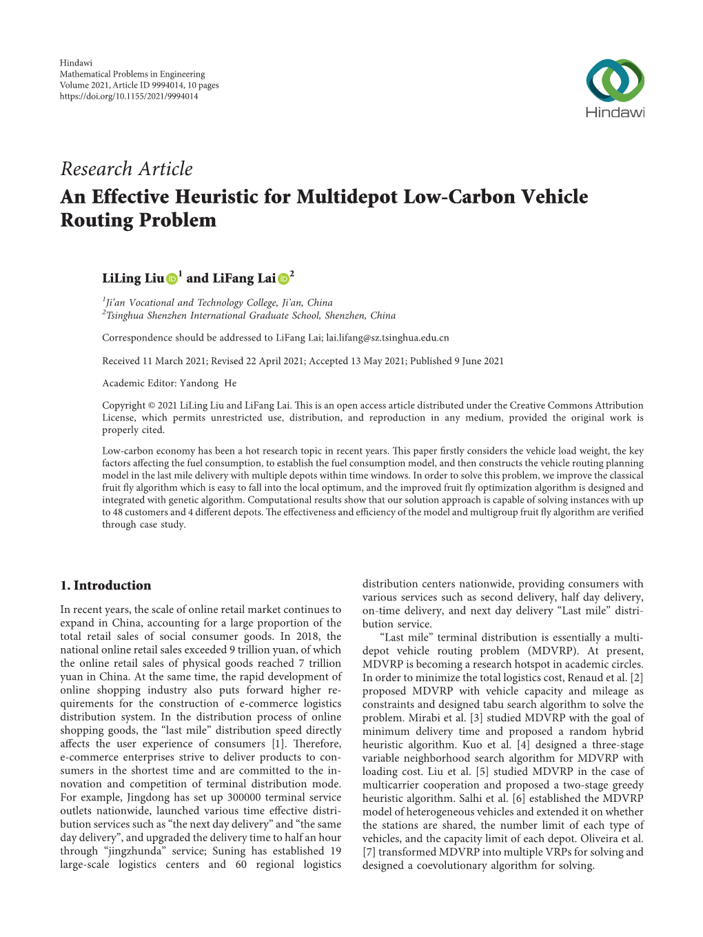 An Effective Heuristic for Multidepot Low-Carbon Vehicle Routing Problem