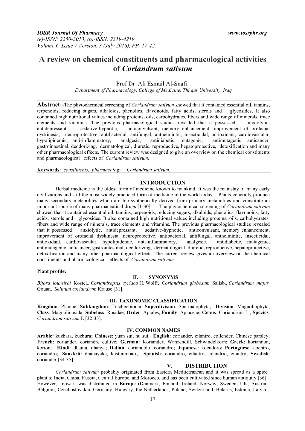 A Review on Chemical Constituents and Pharmacological Activities of Coriandrum Sativum