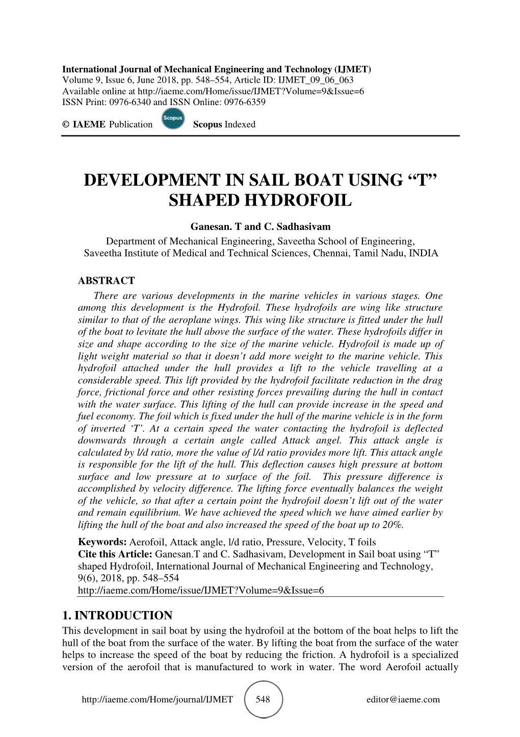 Development in Sail Boat Using “T” Shaped Hydrofoil