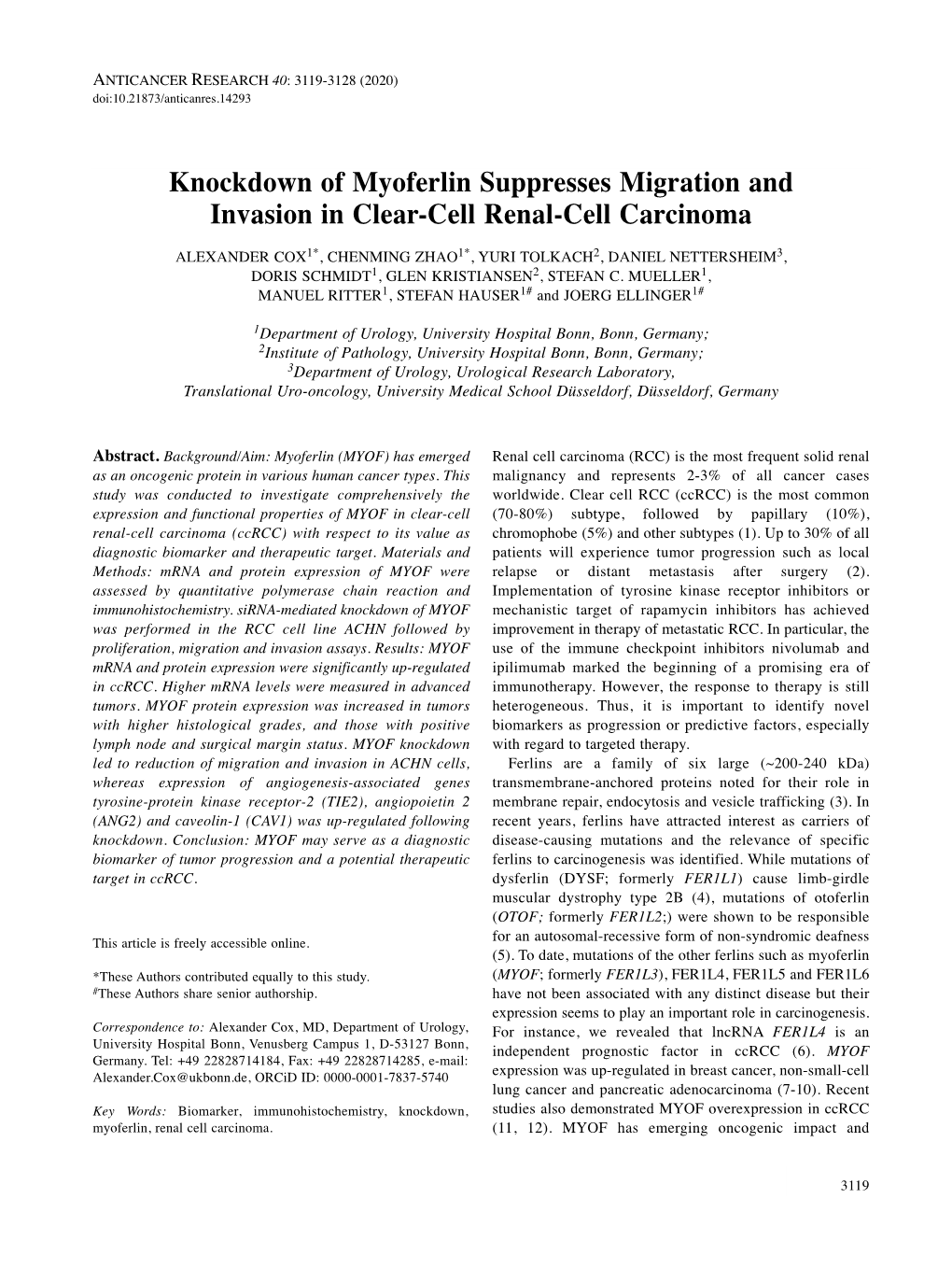 Knockdown of Myoferlin Suppresses Migration and Invasion in Clear