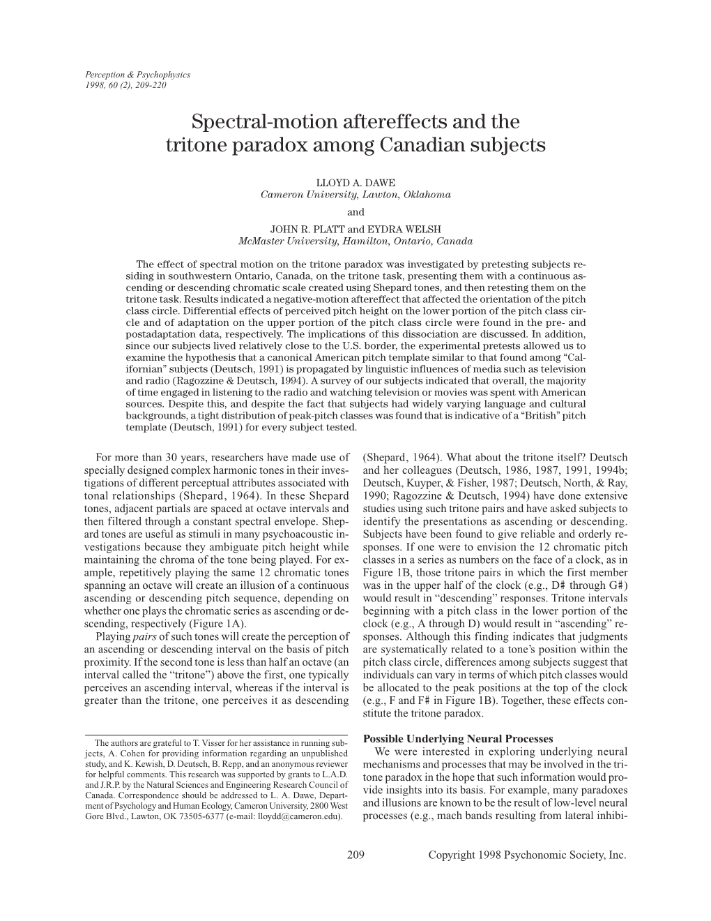 Spectral-Motion Aftereffects and the Tritone Paradox Among Canadian Subjects