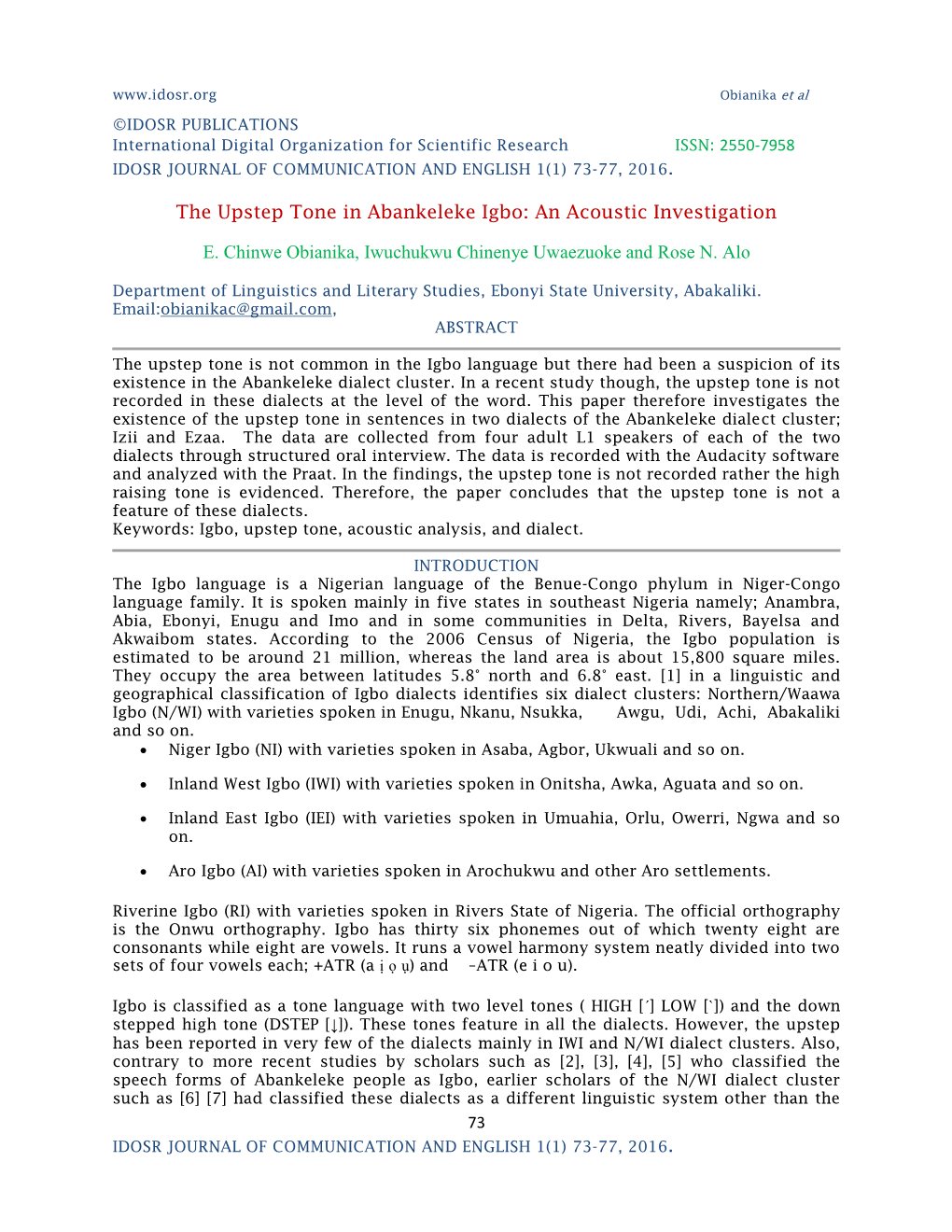 The Upstep Tone in Abankeleke Igbo: an Acoustic Investigation E. Chinwe