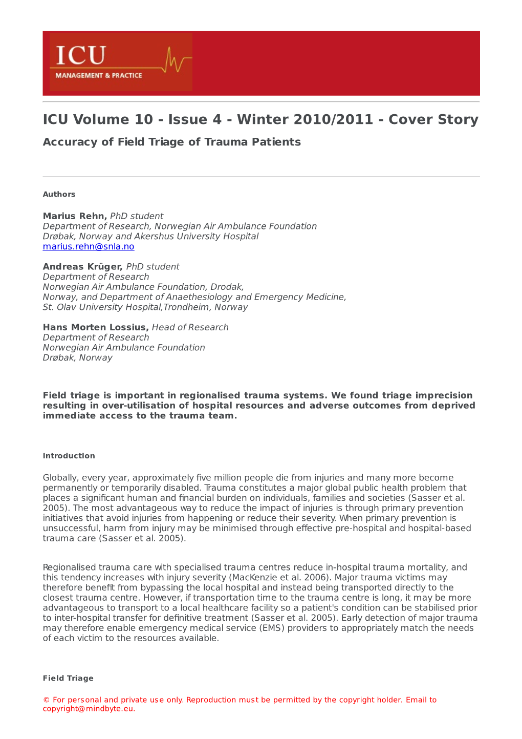 ICU Volume 10 - Issue 4 - Winter 2010/2011 - Cover Story Accuracy of Field Triage of Trauma Patients