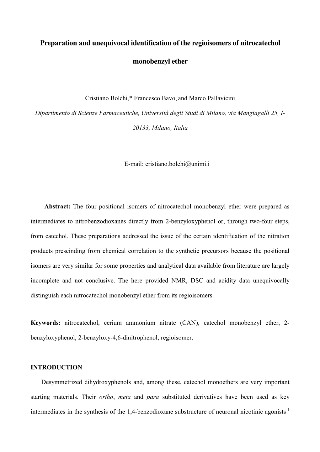 Preparation and Unequivocal Identification of the Regioisomers of Nitrocatechol