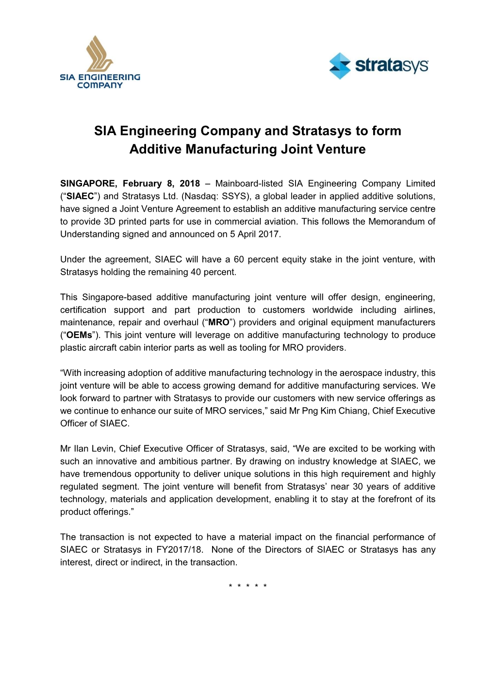 SIA Engineering Company and Stratasys to Form Additive Manufacturing Joint Venture