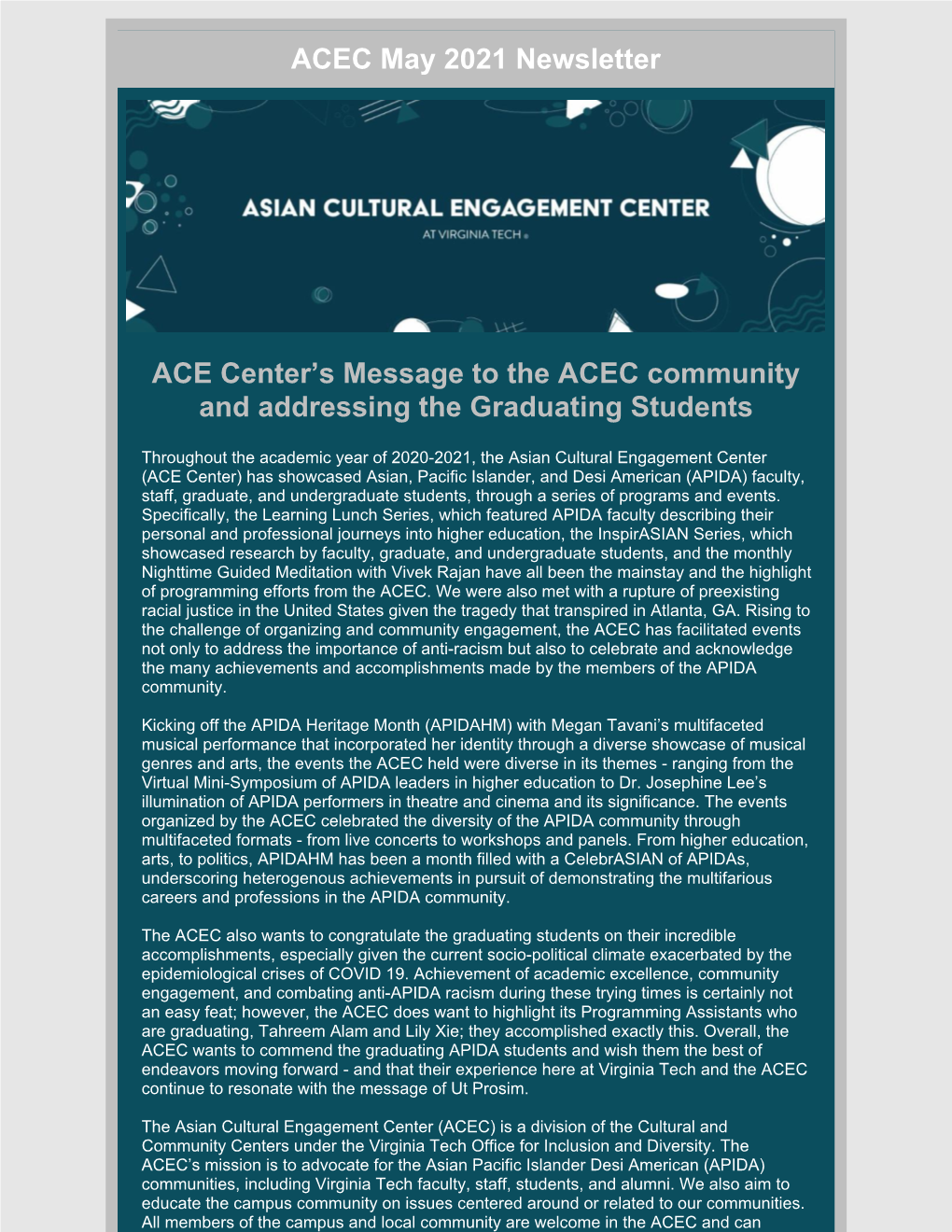 ACEC May 2021 Newsletter ACE Center's Message to the ACEC Community and Addressing the Graduating Students