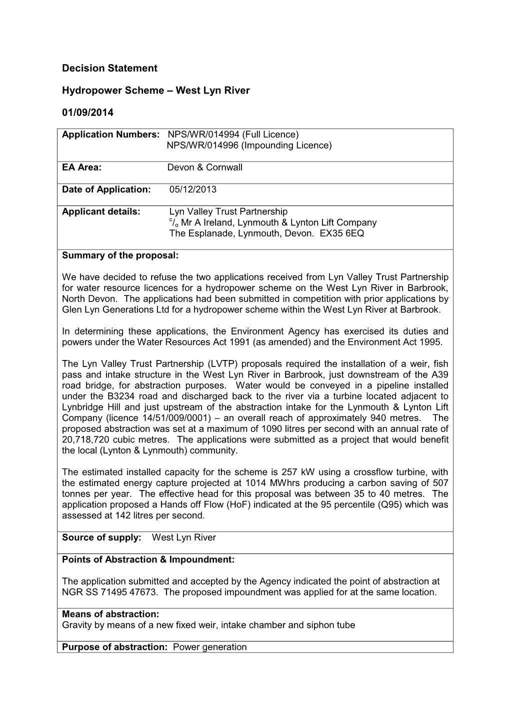 Decision Statement Hydropower Scheme – West Lyn River 01/09/2014