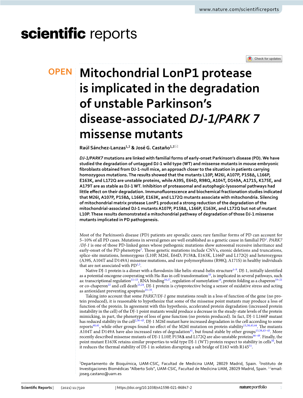 Mitochondrial Lonp1 Protease Is Implicated in the Degradation of Unstable Parkinson’S Disease‑Associated DJ‑1/PARK 7 Missense Mutants Raúl Sánchez‑Lanzas1,2 & José G