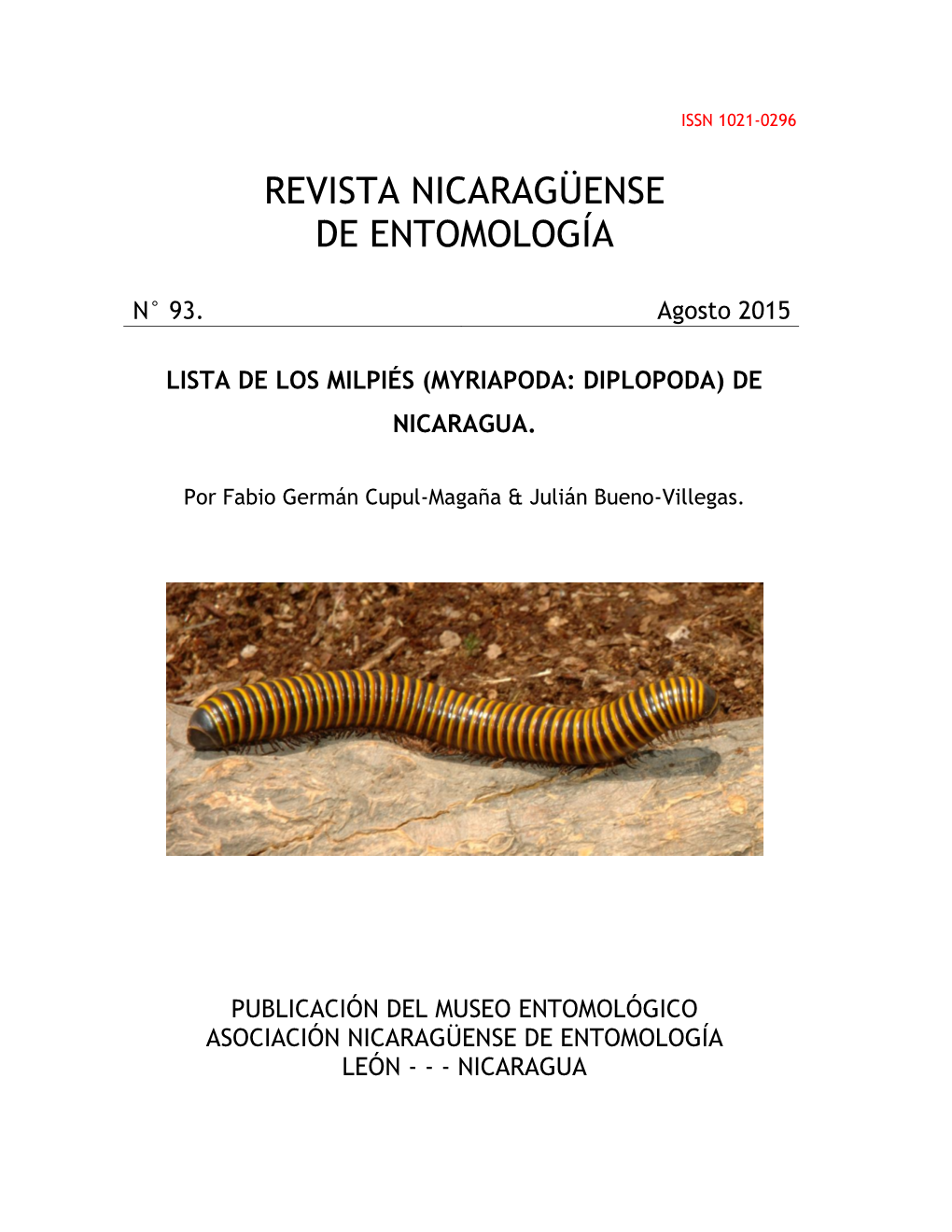 Lista De Los Milpiés (Myriapoda: Diplopoda) De Nicaragua