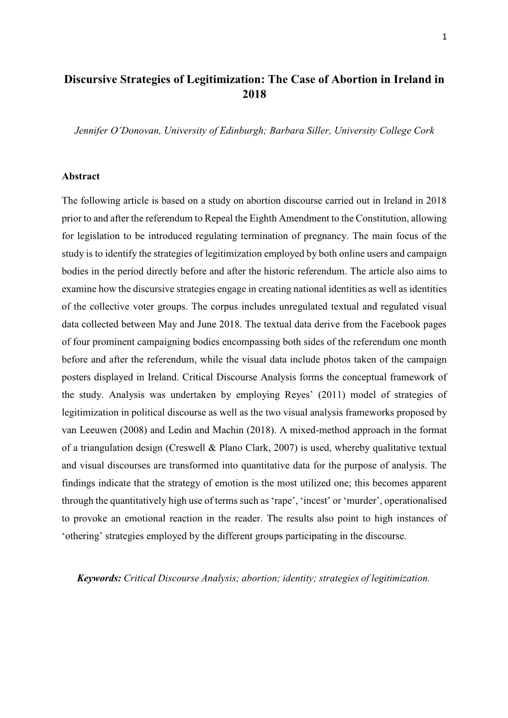 Discursive Strategies of Legitimization: the Case of Abortion in Ireland in 2018