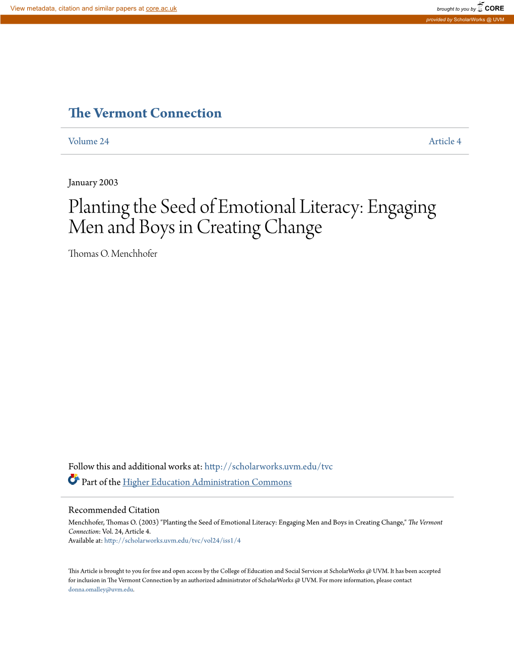 Planting the Seed of Emotional Literacy: Engaging Men and Boys in Creating Change Thomas O