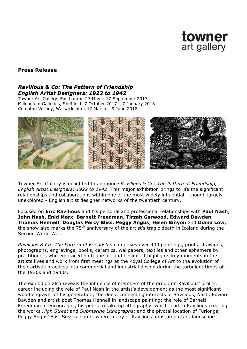 Press Release Ravilious & Co: the Pattern of Friendship English Artist