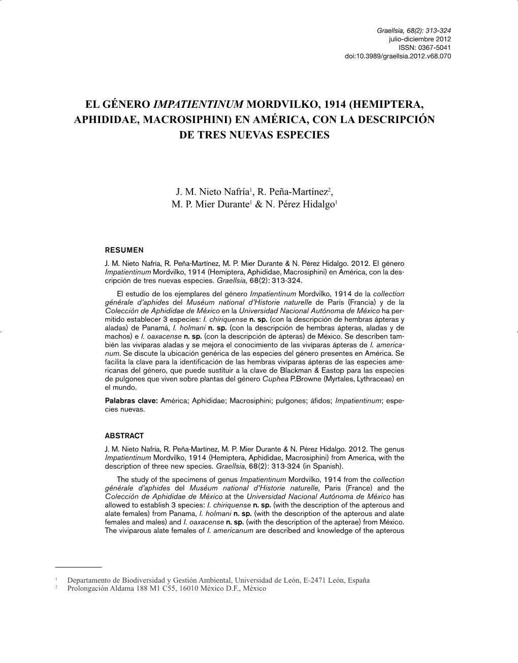 El Género Impatientinum Mordvilko, 1914 (Hemiptera, Aphididae, Macrosiphini) En América, Con La Descripción De Tres Nuevas Especies