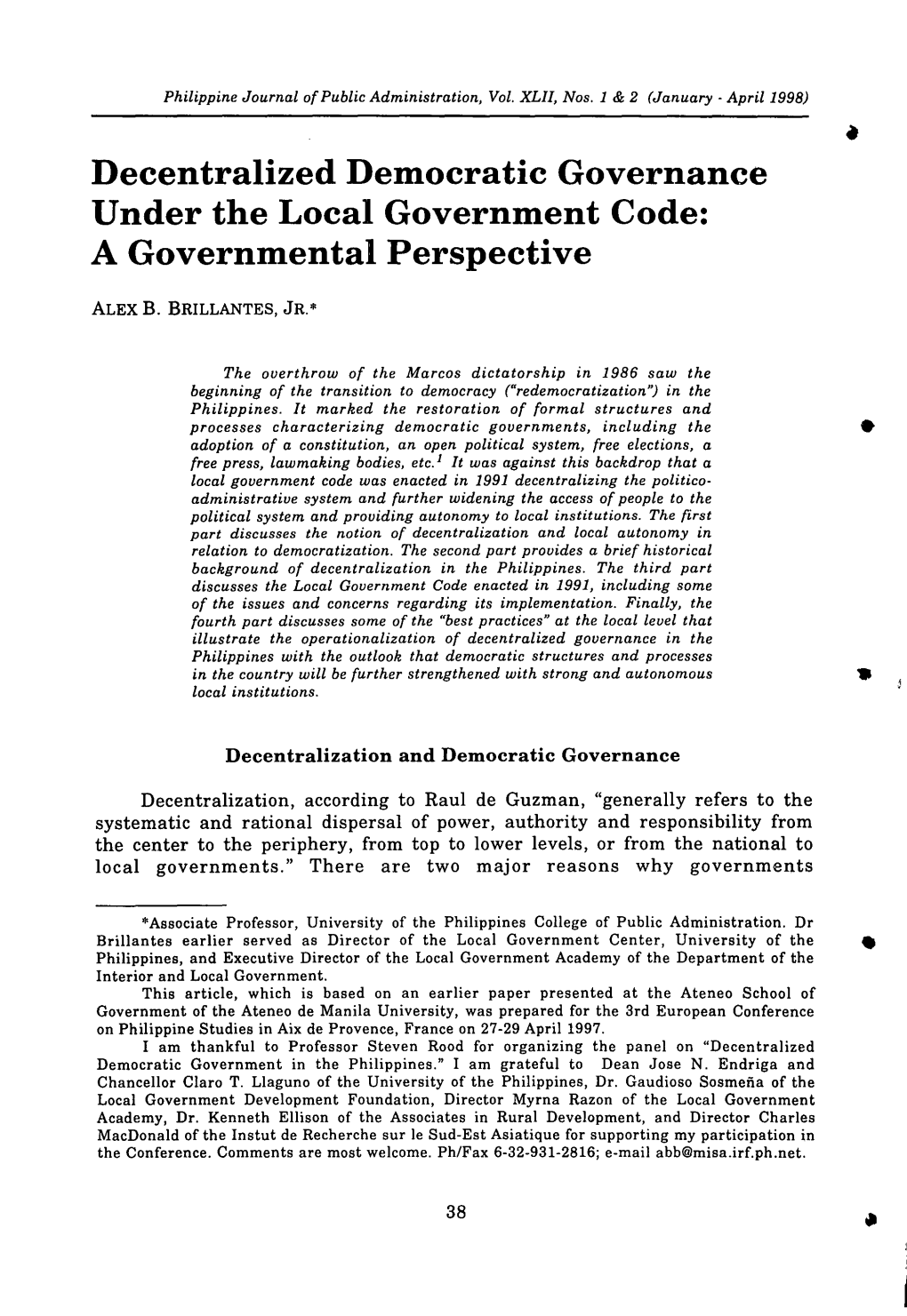 Decentralized Democratic Governance Under the Local Government Code: a Governmental Perspective