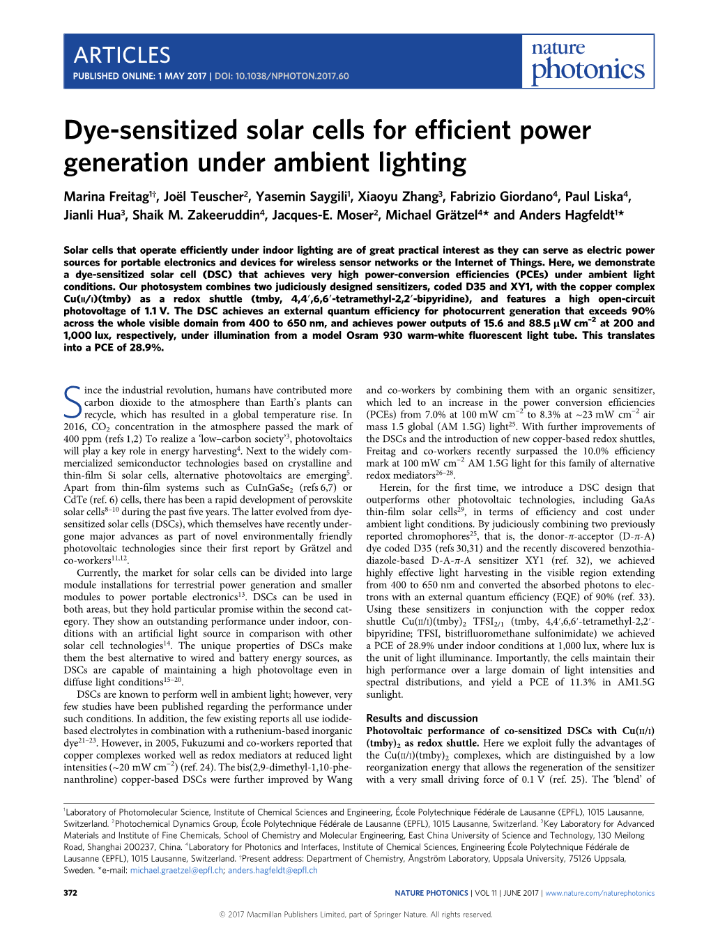 Dye-Sensitized Solar Cells for Efficient Power Generation Under Ambient