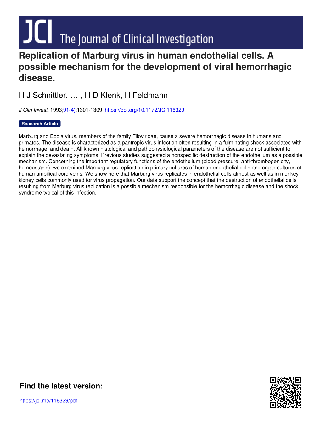 Replication of Marburg Virus in Human Endothelial Cells. a Possible Mechanism for the Development of Viral Hemorrhagic Disease