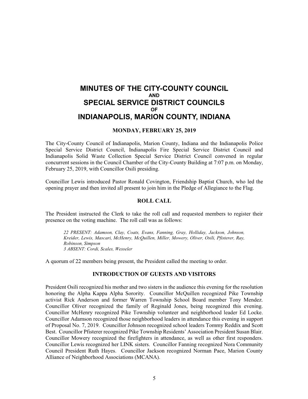 Minutes of the City-County Council and Special Service District Councils of Indianapolis, Marion County, Indiana