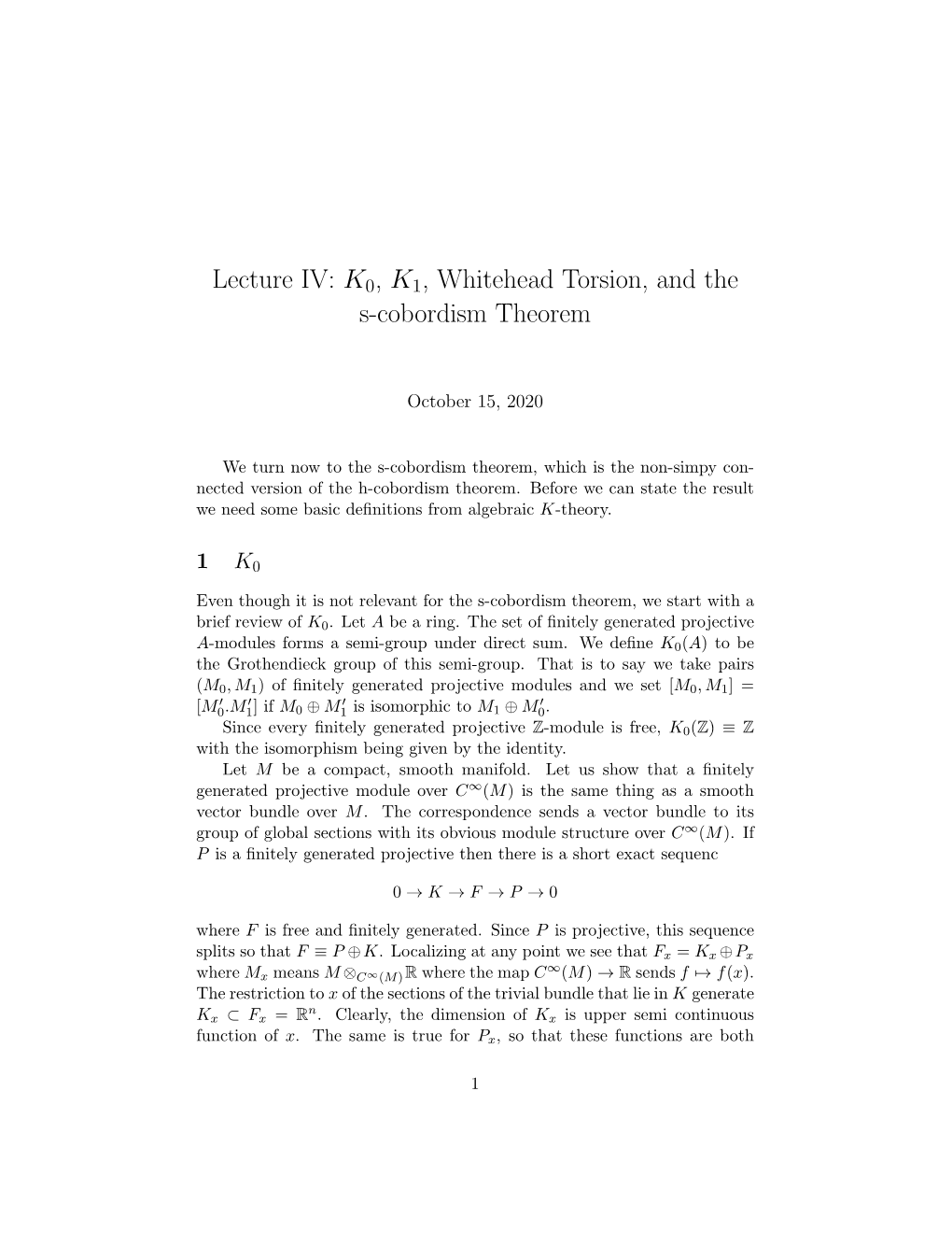 K0, K1, Whitehead Torsion, and the S-Cobordism Theorem