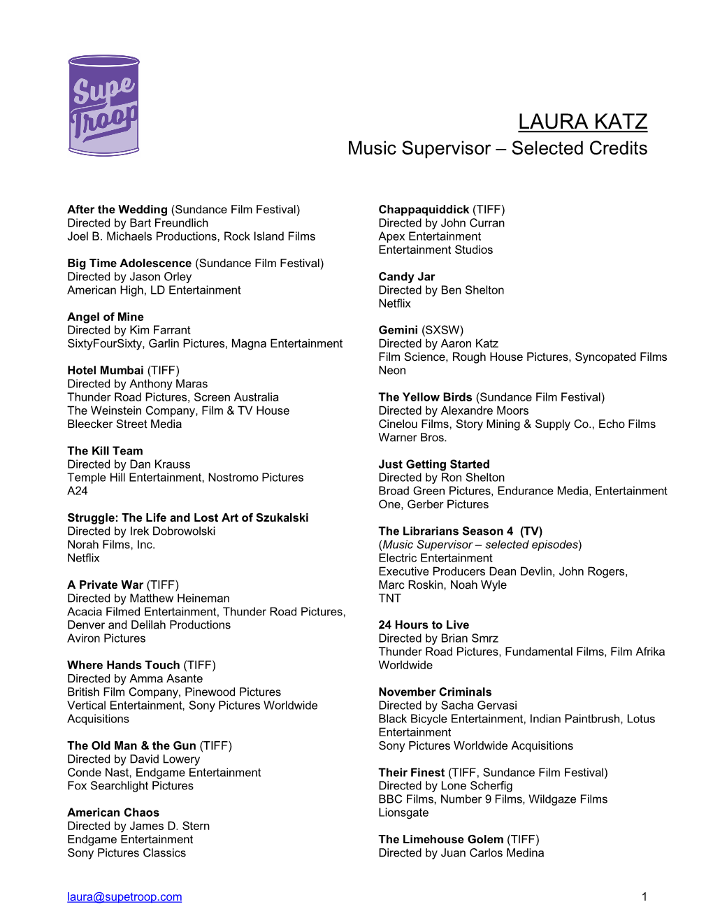 LAURA KATZ Music Supervisor – Selected Credits