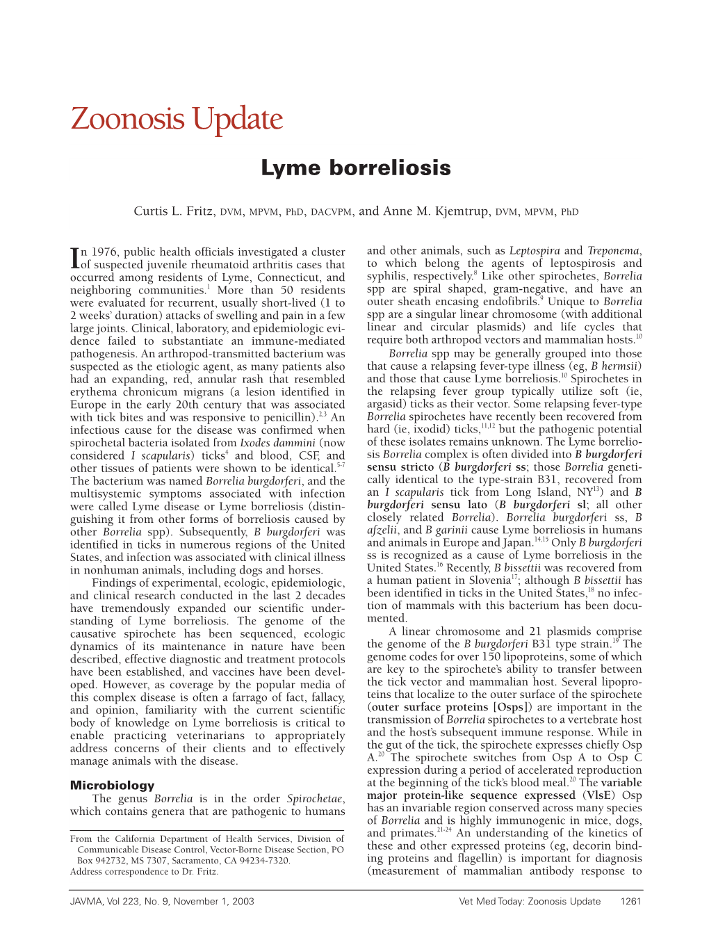 Zoonosis Update Lyme Borreliosis
