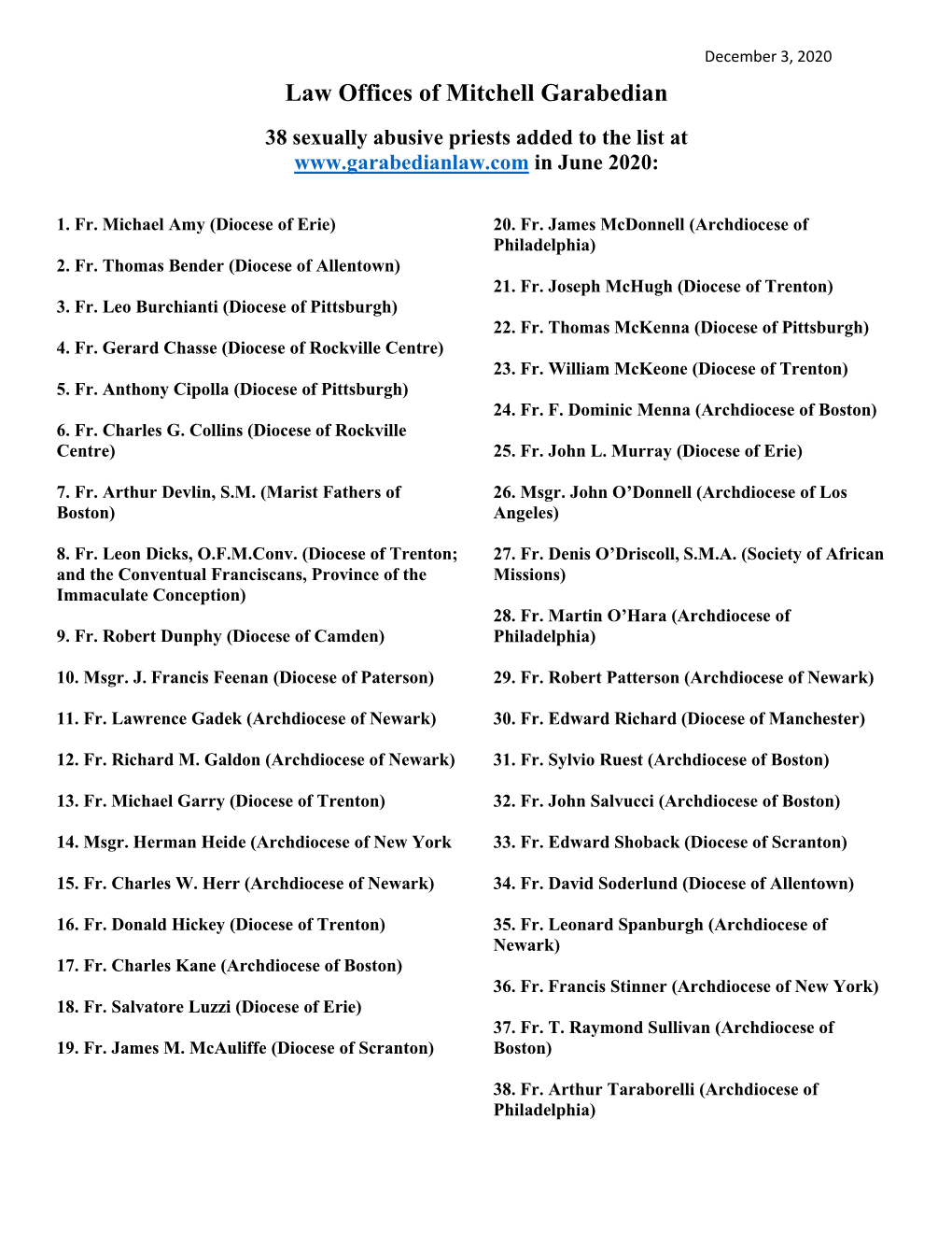 Law Offices of Mitchell Garabedian 38 Sexually Abusive Priests Added to the List at in June 2020