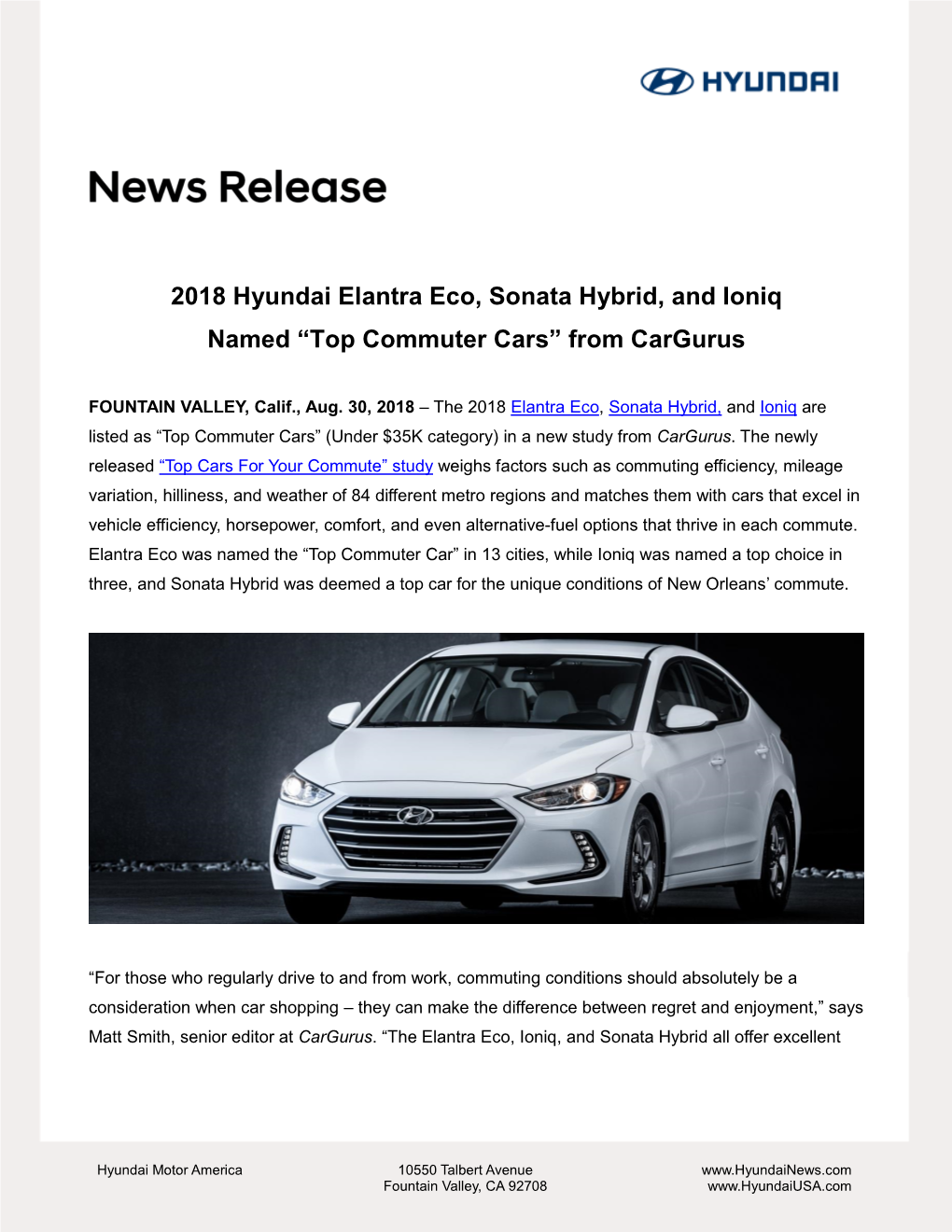 2018 Hyundai Elantra Eco, Sonata Hybrid, and Ioniq Named “Top Commuter Cars” from Cargurus