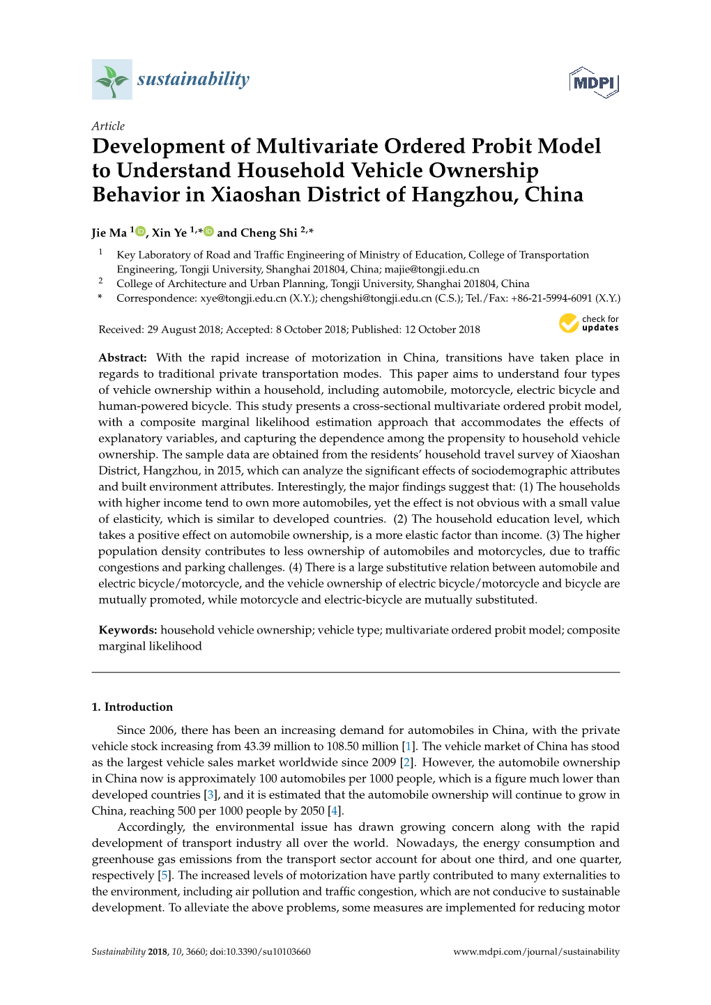 Development of Multivariate Ordered Probit Model to Understand Household Vehicle Ownership Behavior in Xiaoshan District of Hangzhou, China