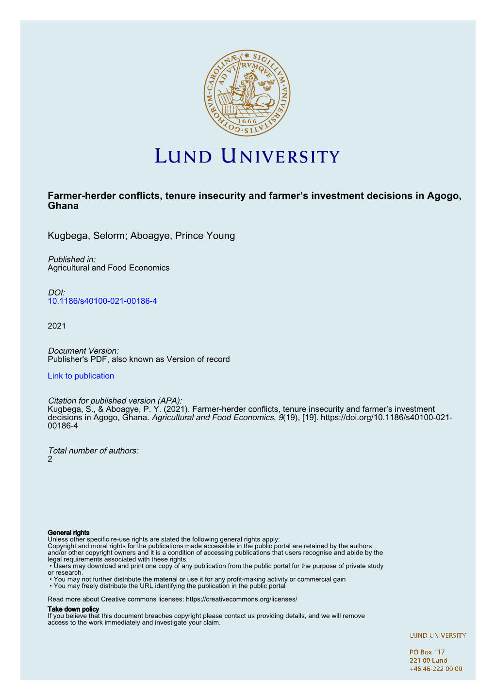 Farmer-Herder Conflicts, Tenure Insecurity and Farmer’S Investment Decisions in Agogo, Ghana