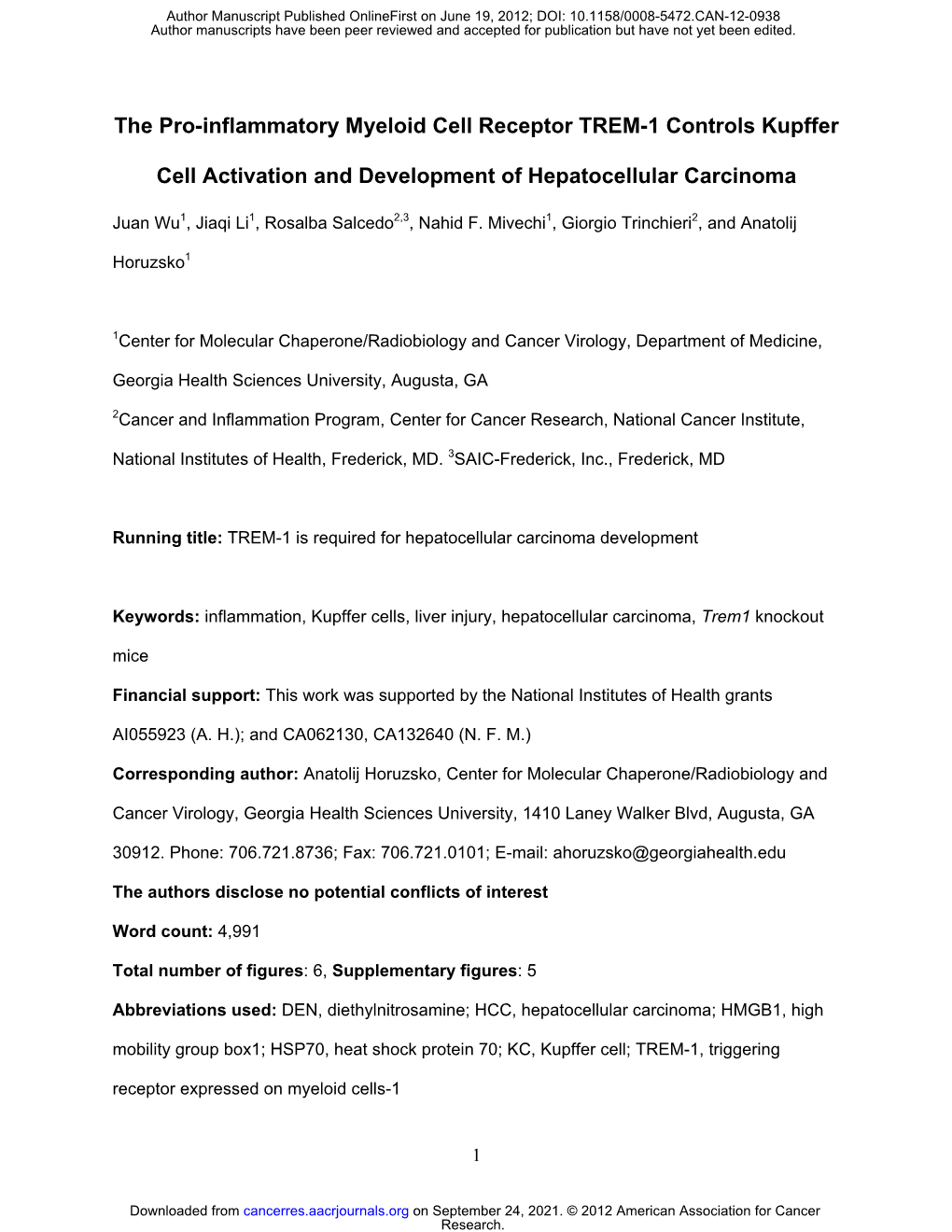 The Pro-Inflammatory Myeloid Cell Receptor TREM-1 Controls Kupffer