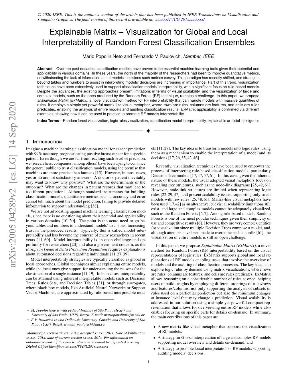 Explainable Matrix – Visualization for Global and Local Interpretability of Random Forest Classiﬁcation Ensembles