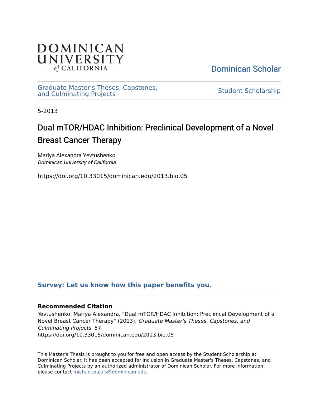 Dual Mtor/HDAC Inhibition: Preclinical Development of a Novel Breast Cancer Therapy