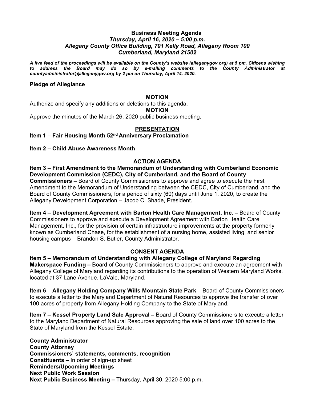 Business Meeting Agenda Thursday, April 16, 2020 – 5:00 P.M