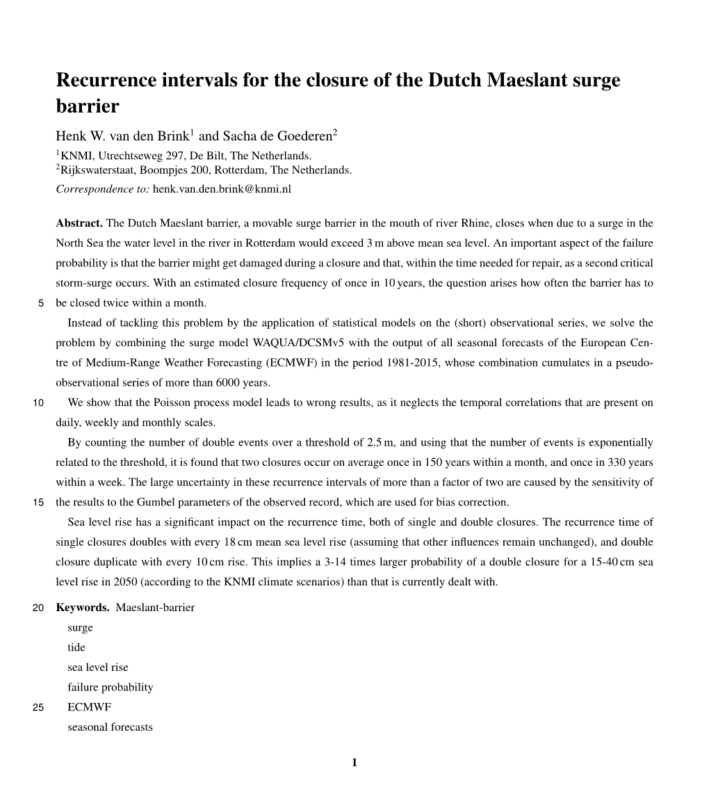 Recurrence Intervals for the Closure of the Dutch Maeslant Surge Barrier Henk W