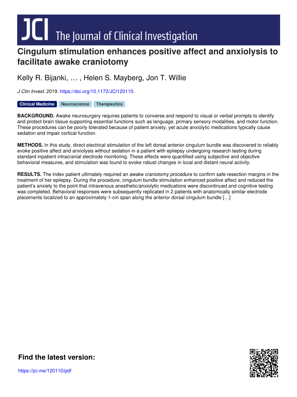 Cingulum Stimulation Enhances Positive Affect and Anxiolysis to Facilitate Awake Craniotomy