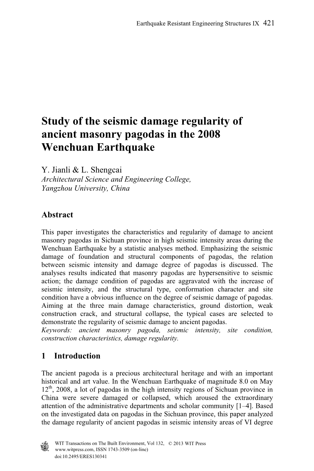 Study of the Seismic Damage Regularity of Ancient Masonry Pagodas in the 2008 Wenchuan Earthquake