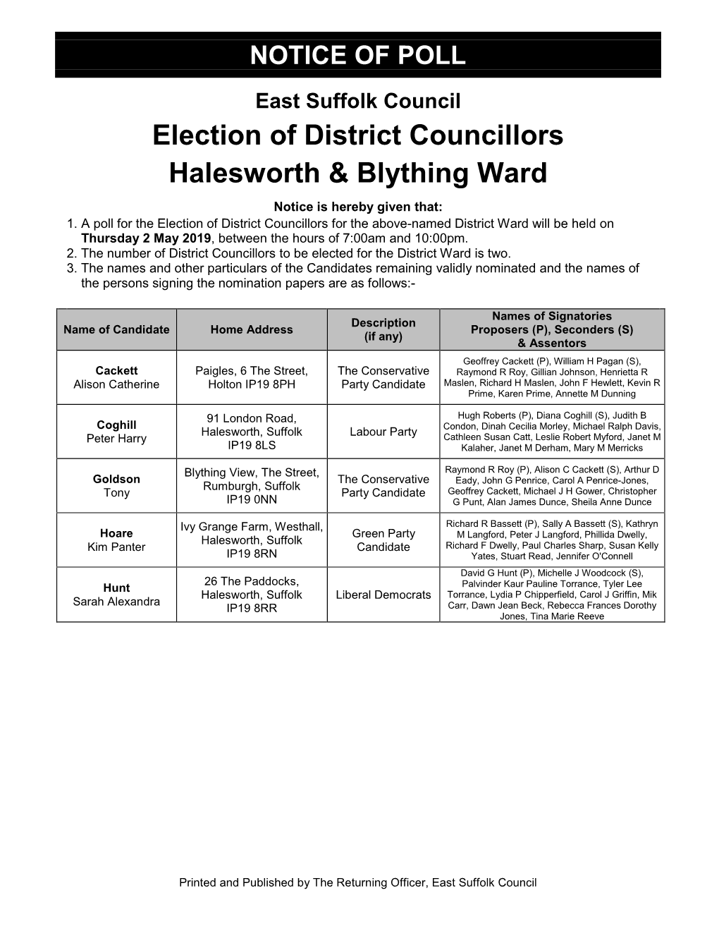 Notice of Poll Halesworth & Blything Ward