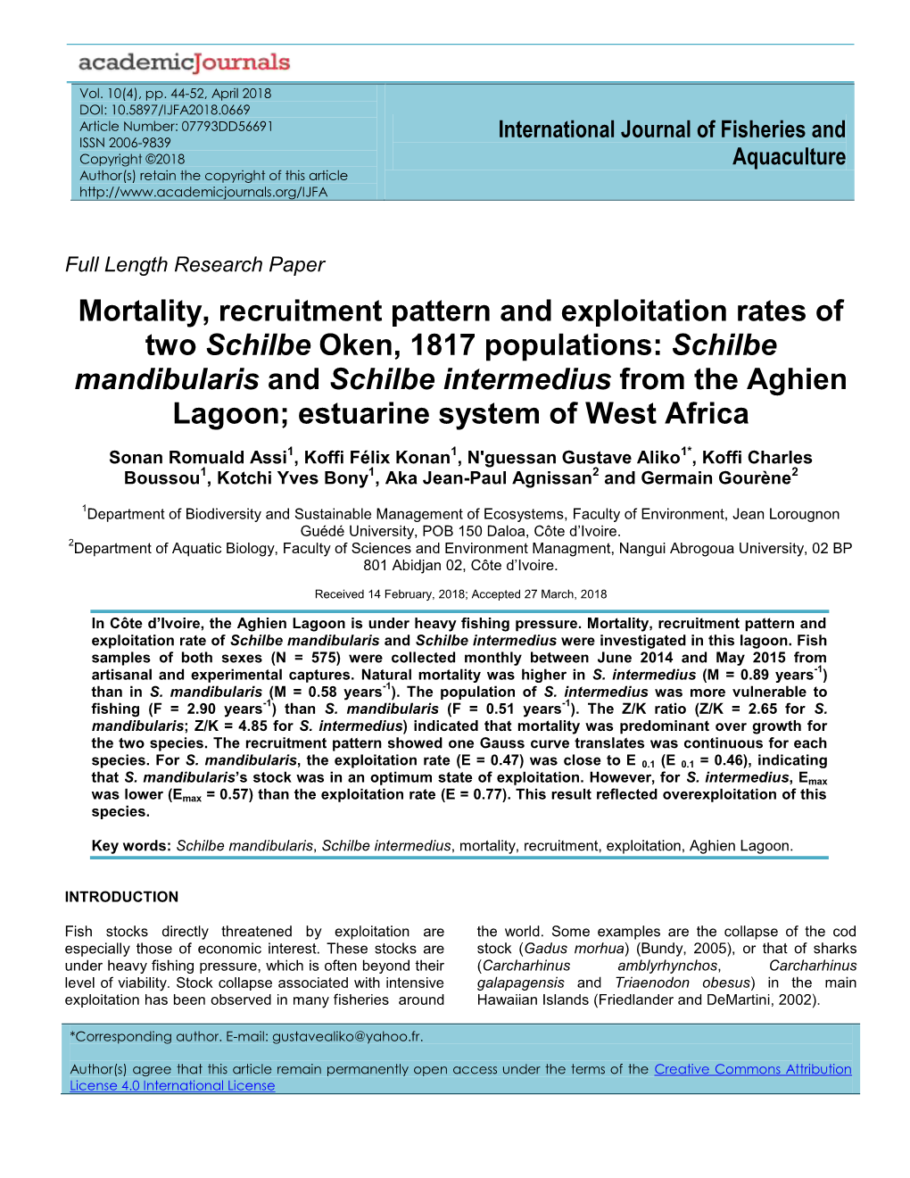 Mortality, Recruitment Pattern and Exploitation Rates of Two Schilbe