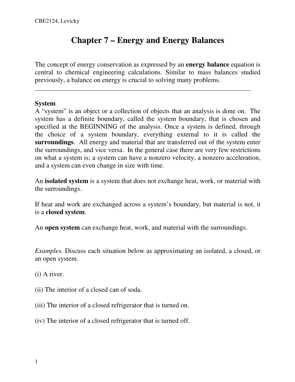 Chapter 7 – Energy and Energy Balances