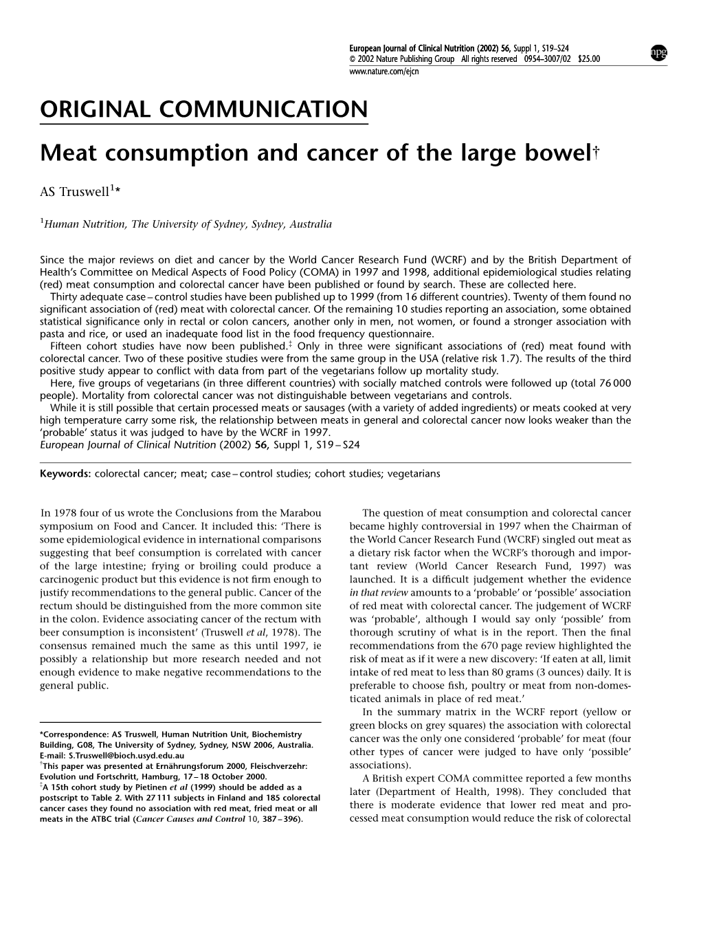 ORIGINAL COMMUNICATION Meat Consumption and Cancer of the Large Bowel{