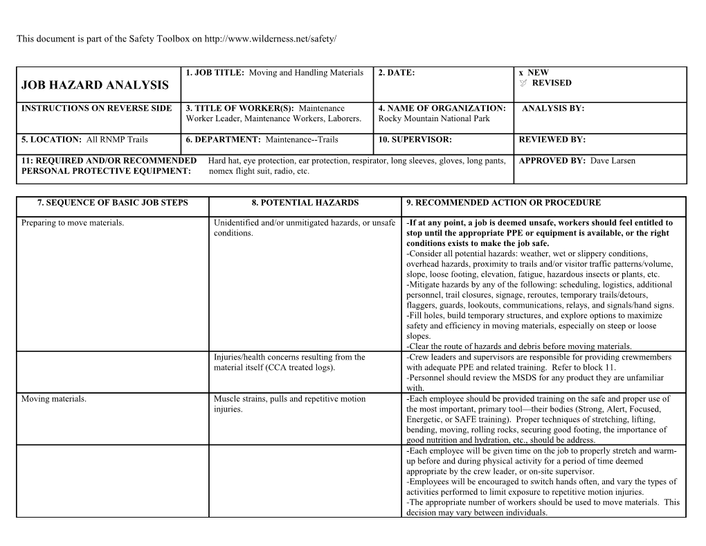 Job Hazard Analysis - Moving And Handling Materials