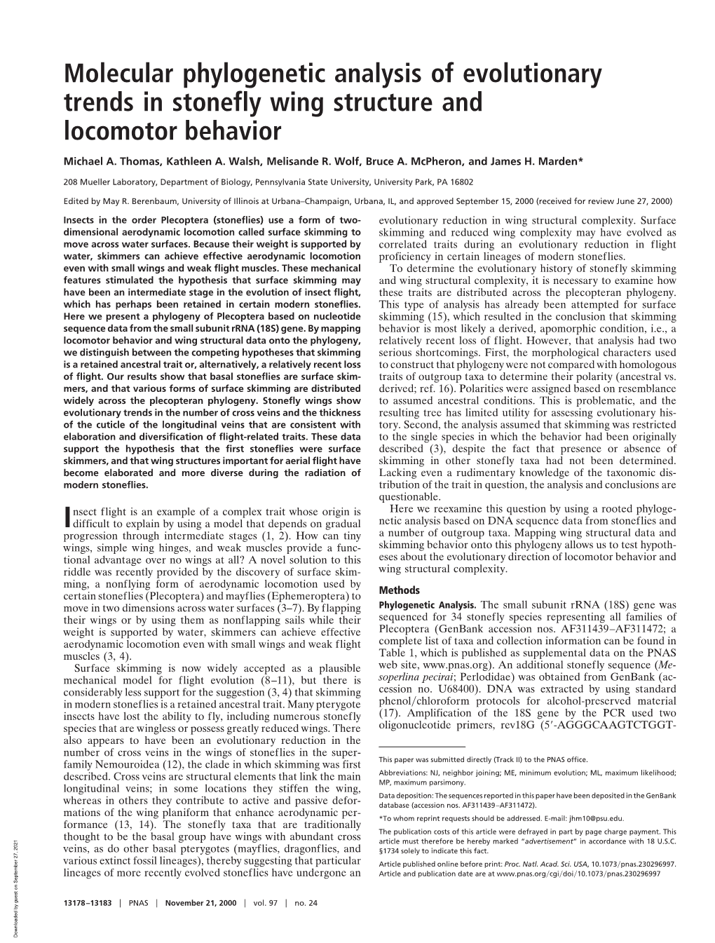 Molecular Phylogenetic Analysis of Evolutionary Trends in Stonefly Wing Structure and Locomotor Behavior