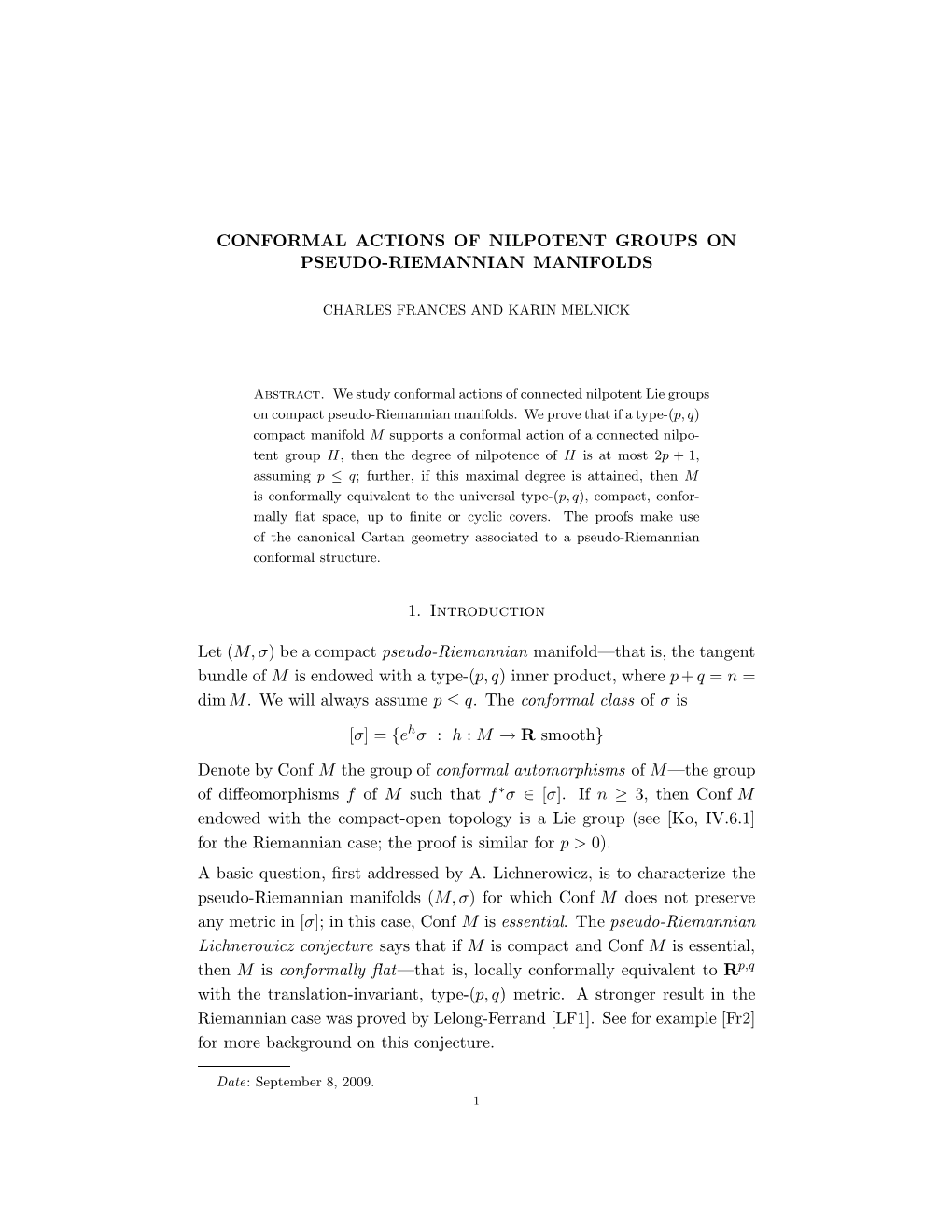 Conformal Actions of Nilpotent Groups on Pseudo-Riemannian Manifolds