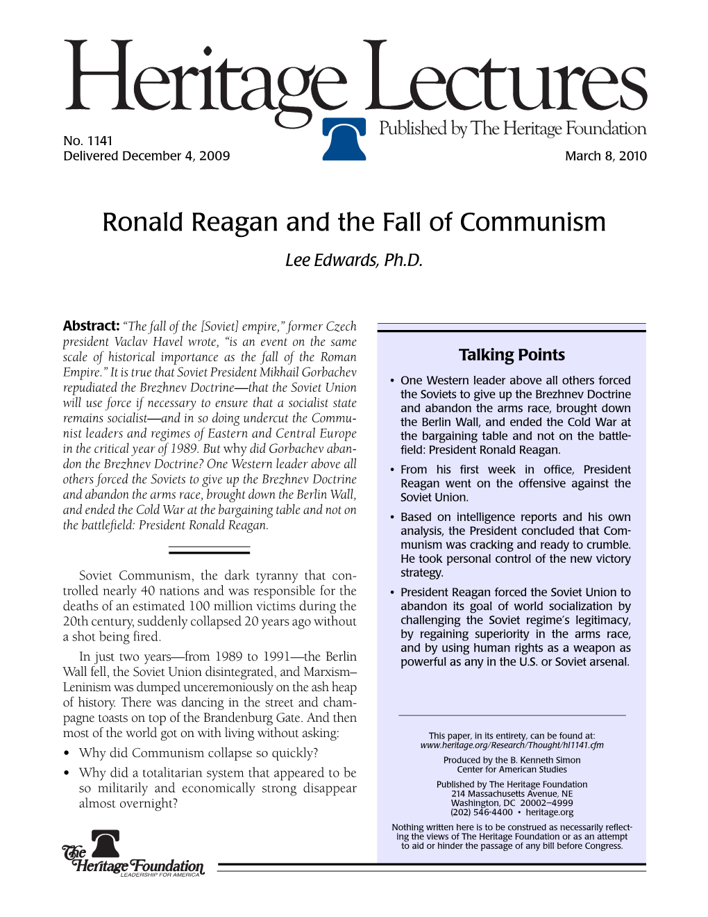 Ronald Reagan and the Fall of Communism Lee Edwards, Ph.D