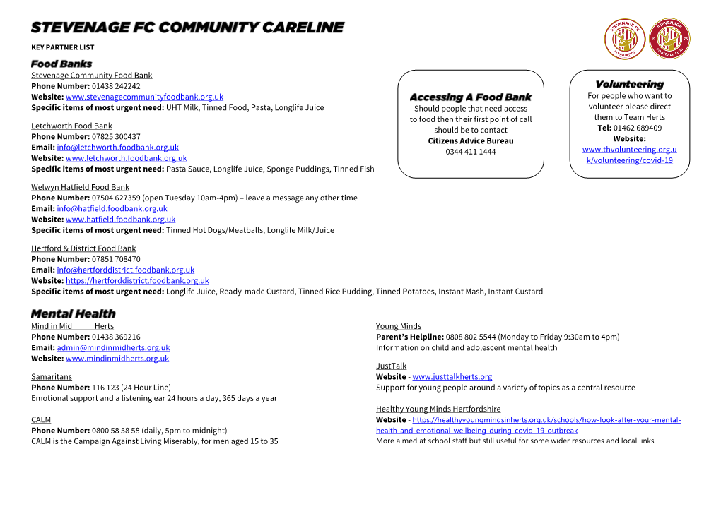 Stevenage Community Food Bank Phone Number