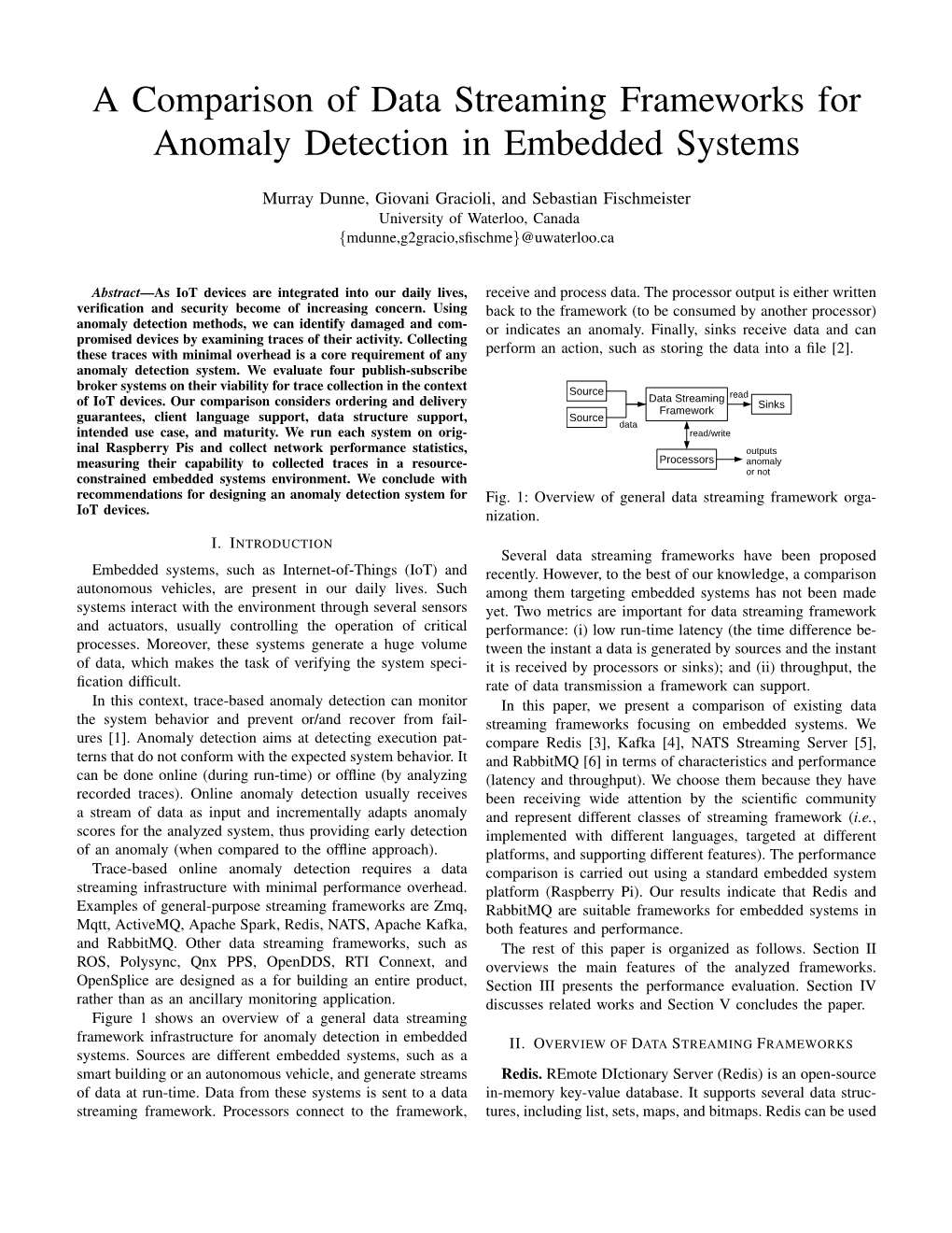 A Comparison of Data Streaming Frameworks for Anomaly Detection in Embedded Systems