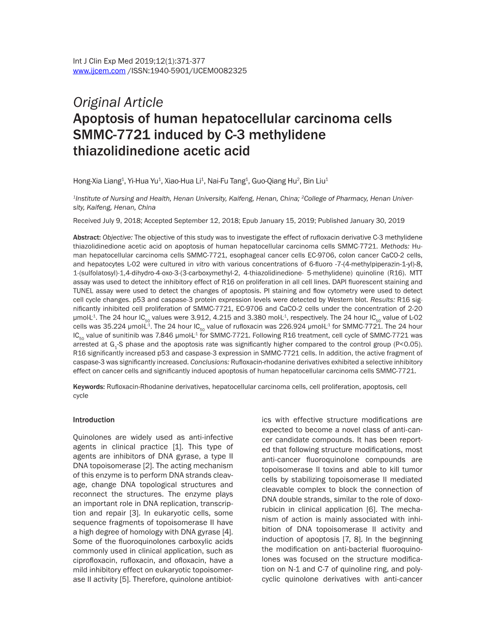 Original Article Apoptosis of Human Hepatocellular Carcinoma Cells SMMC-7721 Induced by C-3 Methylidene Thiazolidinedione Acetic Acid