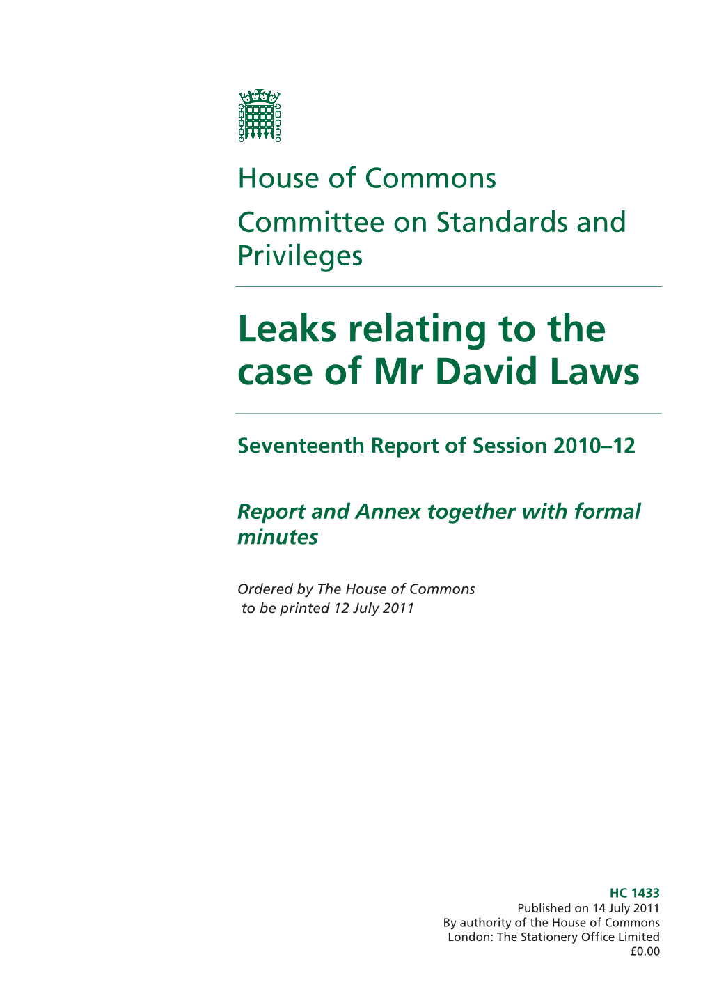 Leaks Relating to the Case of Mr David Laws