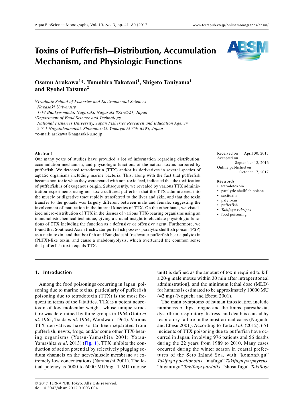 Toxins of Pufferfish—Distribution, Accumulation Mechanism, and Physiologic Functions