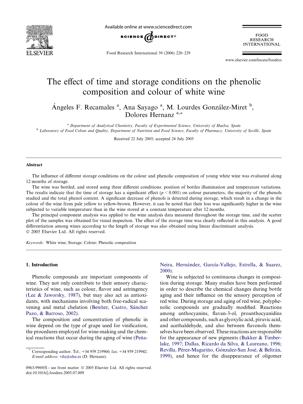 The Effect of Time and Storage Conditions on the Phenolic Composition and Colour of White Wine