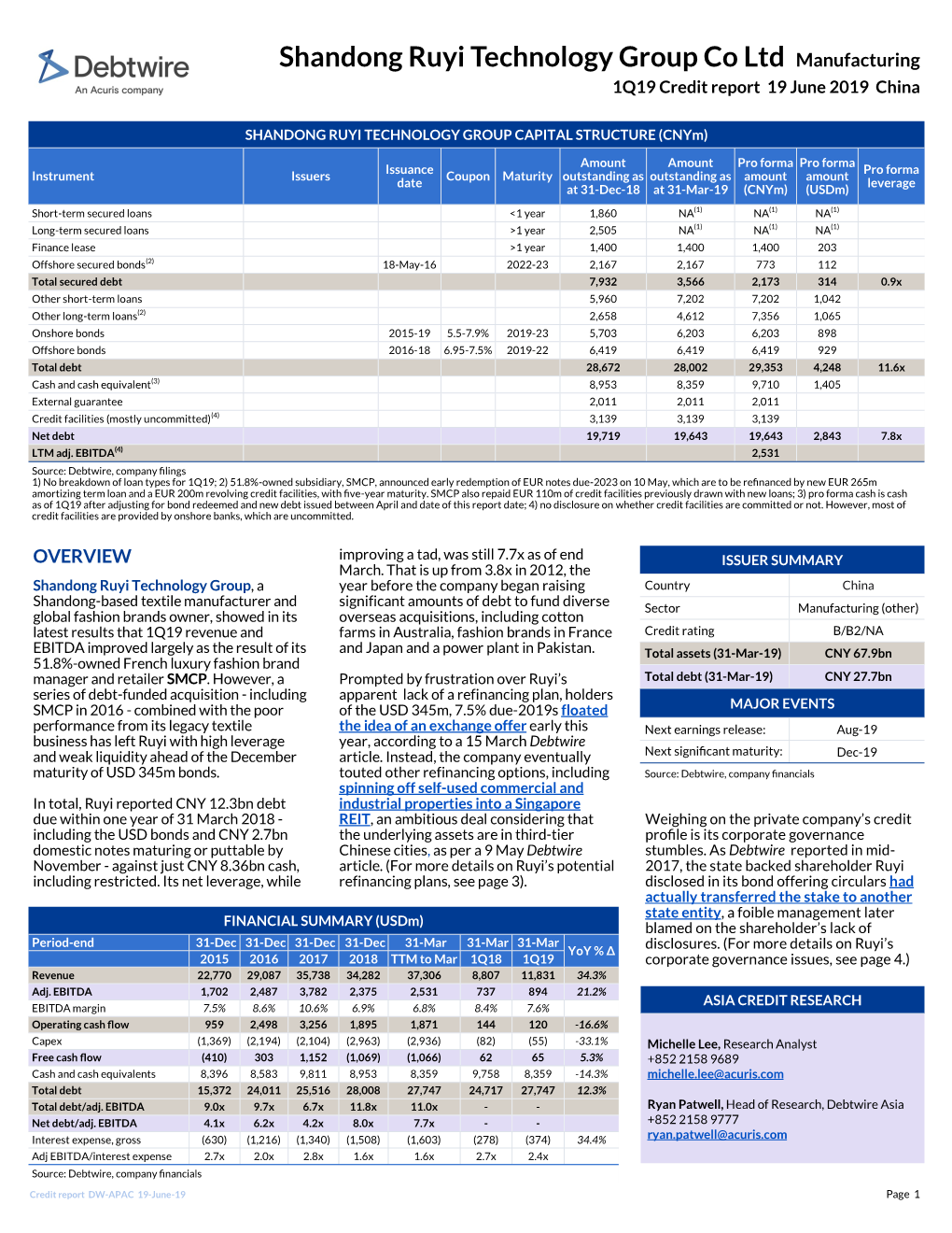 Shandong Ruyi Technology Group Co Ltd Manufacturing 1Q19 Credit Report 19 June 2019 China